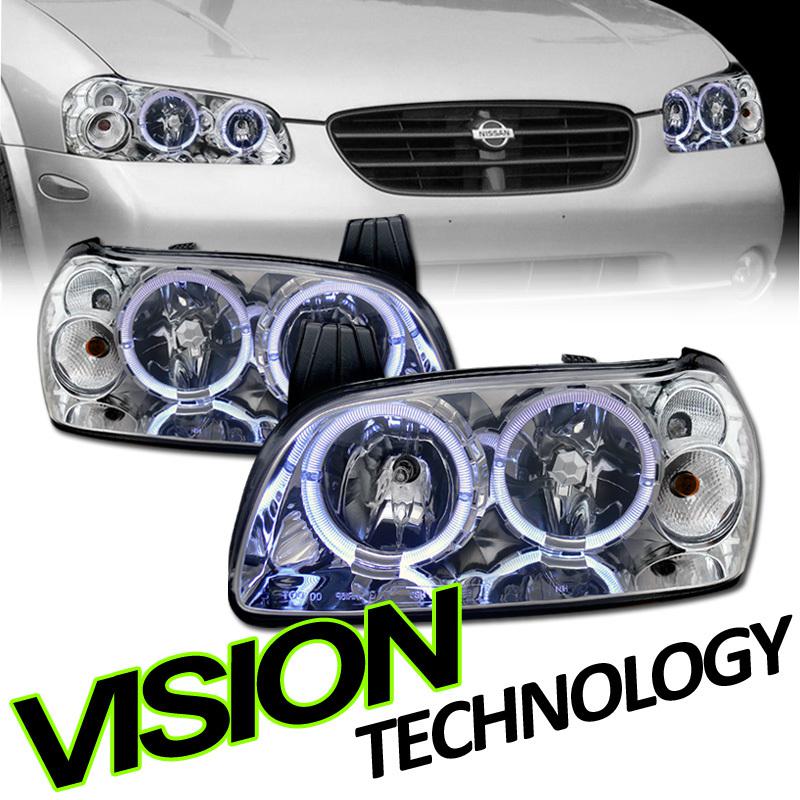 Pair 02-03 nissan maxima chrome housing halo headlights headlamps assembly lh+rh