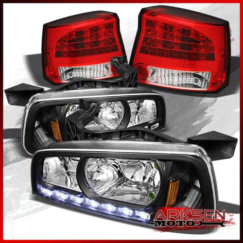 09-10 charger 2in1 black drl led headlights+red clear philips led tail lights