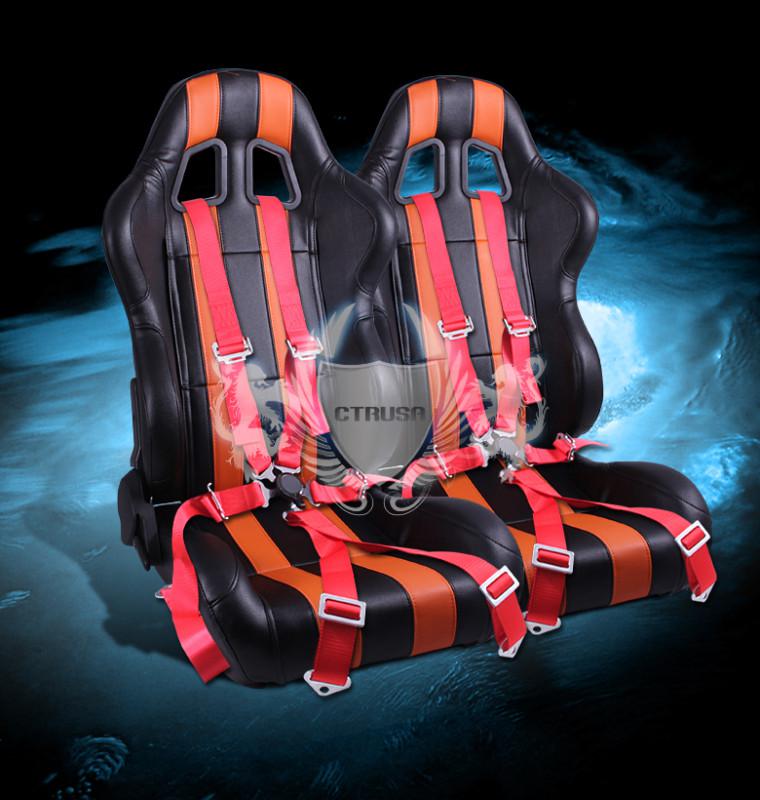 2x black vinyl reclinable racing bucket seats+ 6-pt red belt camlock strap pair