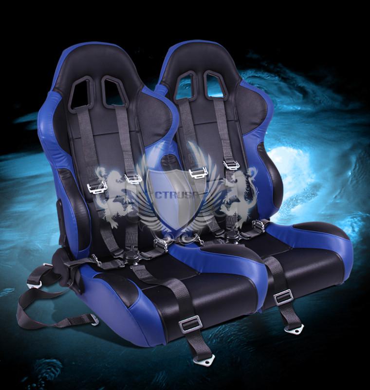 2x universal black/blue turino racing bucket seat+5-pt camlock harness seat belt