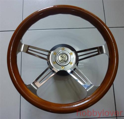 Vintage jdm 3-dice horn button deep dish walnut steering wheel 13.5" 350mm sw274