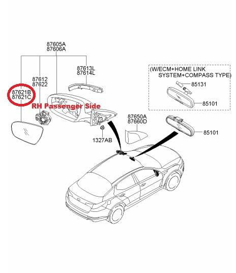 2011-2012 kia optima passenger side mirror with holder assembly oem# 87621-2t110