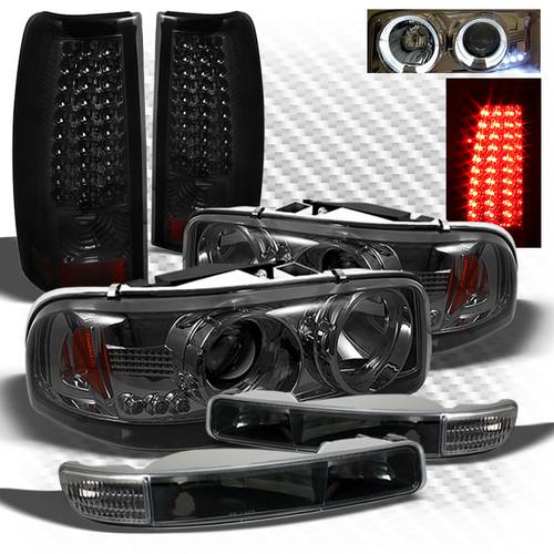 04-06 sierra smoked projector headlights w/black bumper + smoked led tail lights
