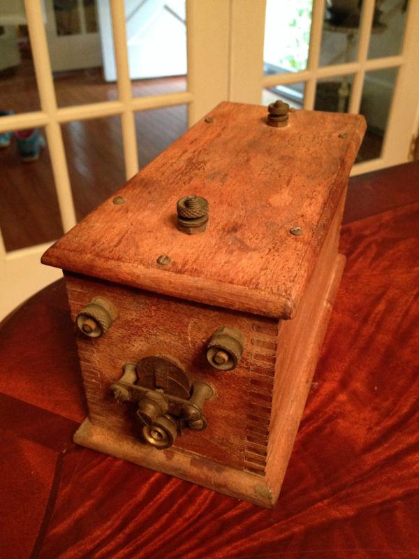 Antique car ignition spark coil jointed wood wooden box steampunk art display