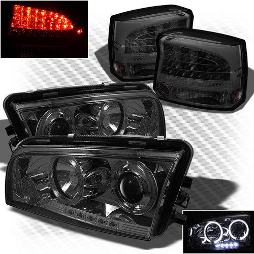 Smoked 09-10 charger halo led projector headlights+led tail head lights set pair