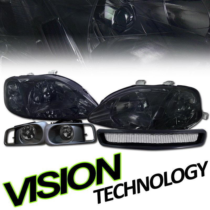 99-00 civic coupe/hatchback/sedan jdm smoke lens headlights+fog lights+grille