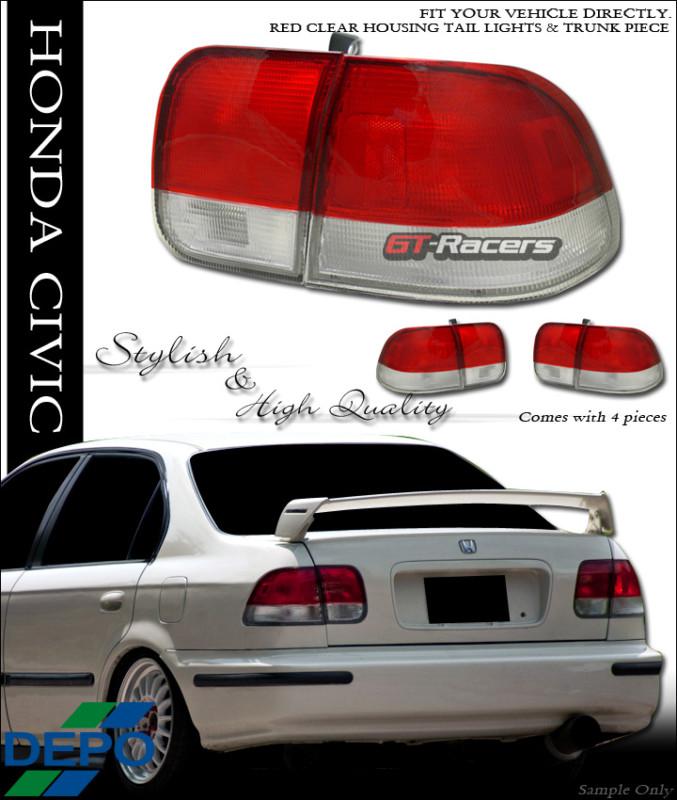 Depo jdm red clear len tail lights+trunk lamp 1996-1998 honda civic 4d 4dr sedan