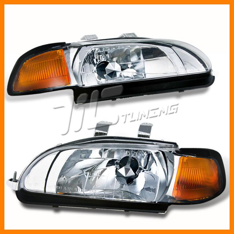 92-95 honda civic 4dr sedan chrome headlights amber signal lamps left+right set