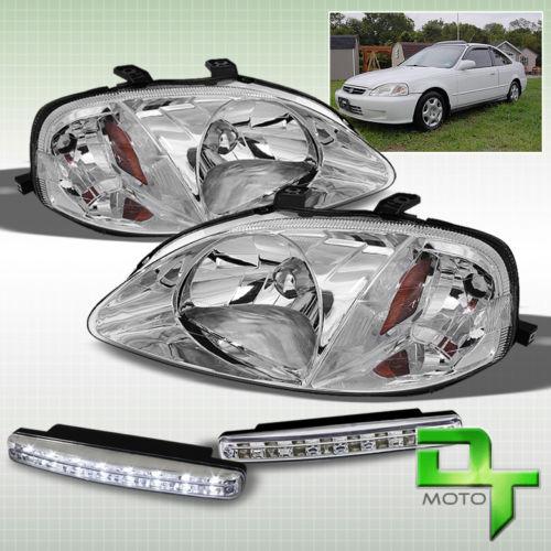 Drl led bumper fog+99-00 honda civic 2/3/4 door chrome crystal headlights lamps