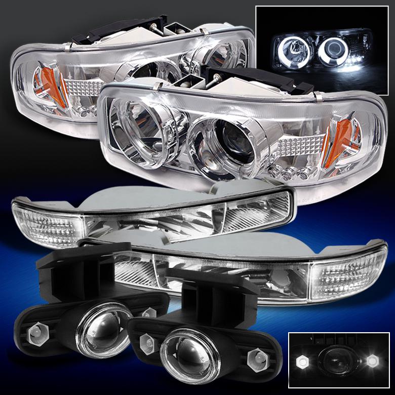 99-06 yukon sierra chrome halo headlights +bumper signal+projector fog lights