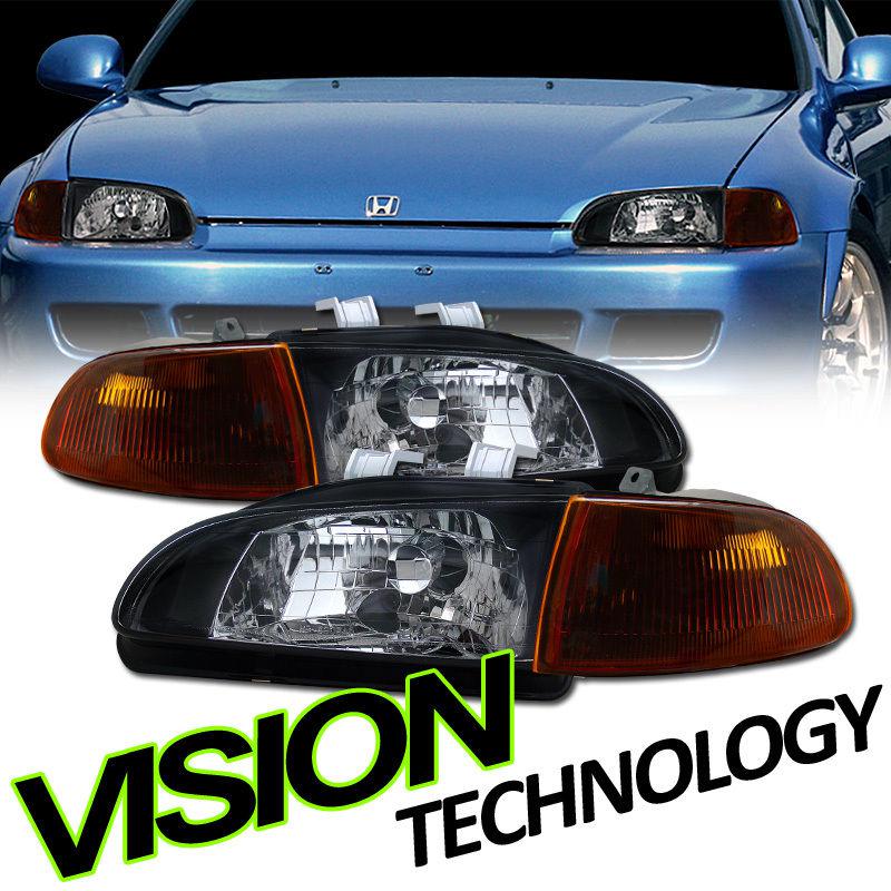 4p pair 92-95 civic coupe/hatchback jdm blk headlights+amber/smoke corner lights