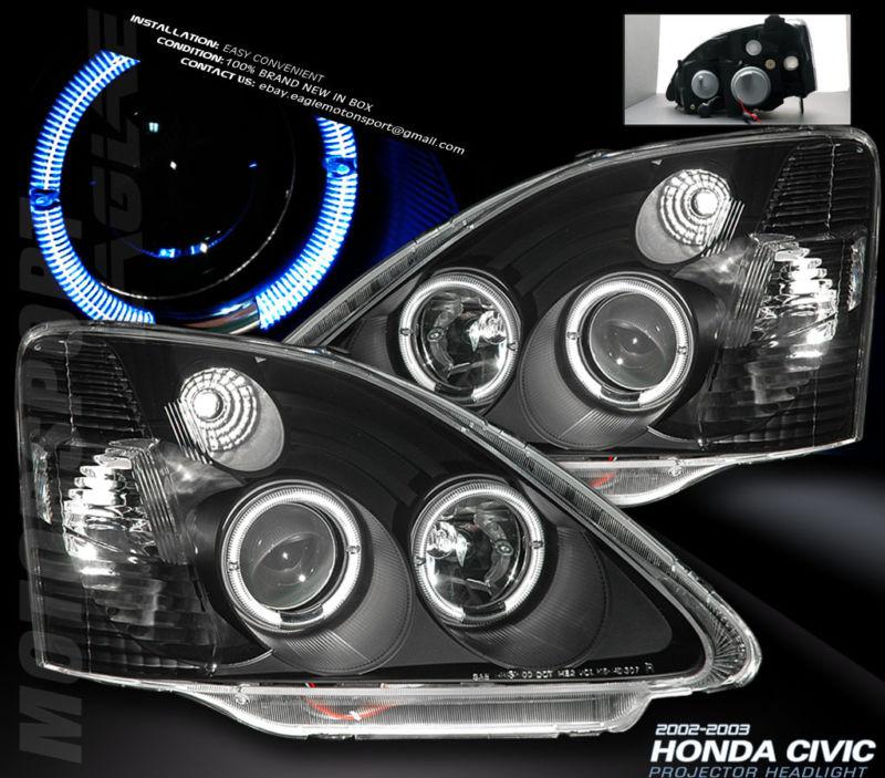 2002-2003 honda civic si ep3 dual angel eye halo projector black headlights