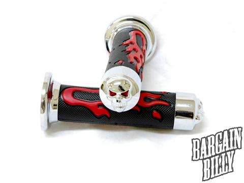 Universal street & dirt bikes comfort chrome skull hand grips (7/8") - red