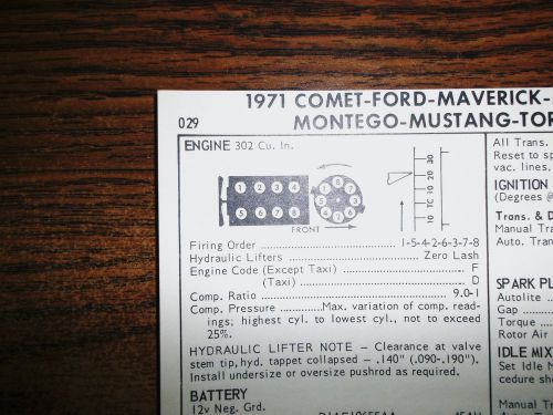 1971 mercury; ford &amp; mustang 210 hp 302 v8 2bbl sun tune up chart great shape!