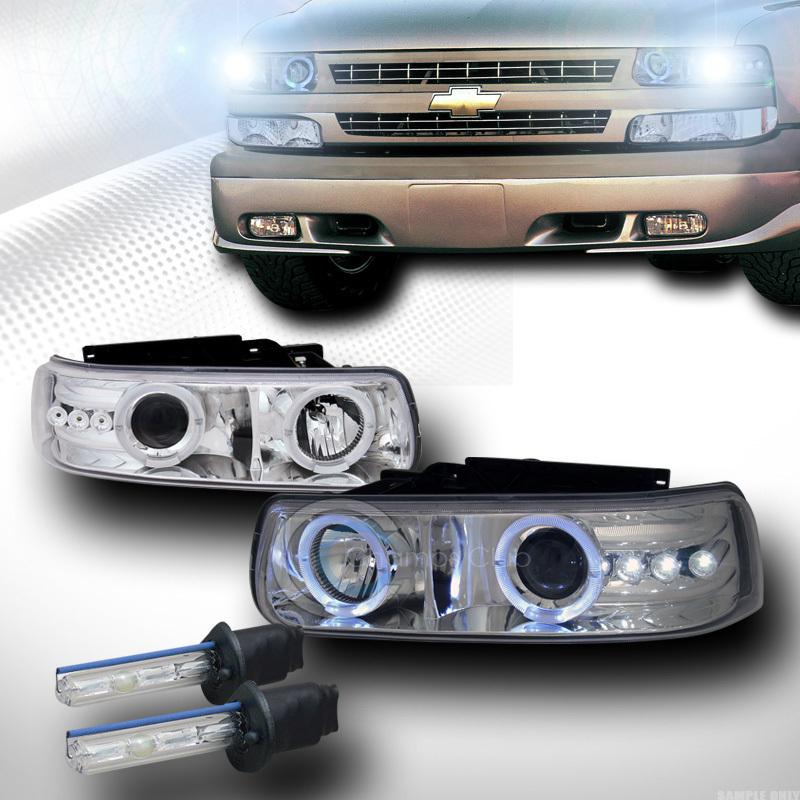 6000k hid xenon chrome drl led halo projector head lights lamps 99-02 silverado