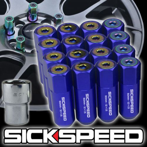 16 blue/neo chrome aluminum extended 60mm locking lug nuts wheels 1/2x20 l30