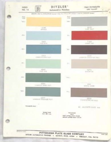 1962 plymouth ppg  color paint chip chart all models original mopar