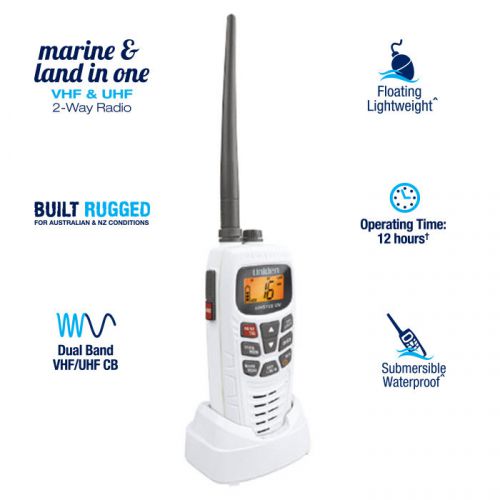 Uniden 5w dual band vhf/uhf cb 2-way radio - waterproof: ipx7/jis7 - large lcd