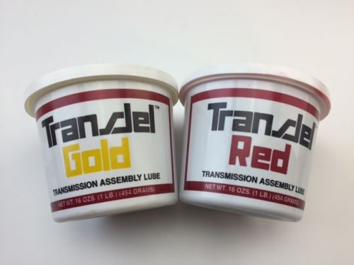 Red and gold tub of transjel transmission assembly lube