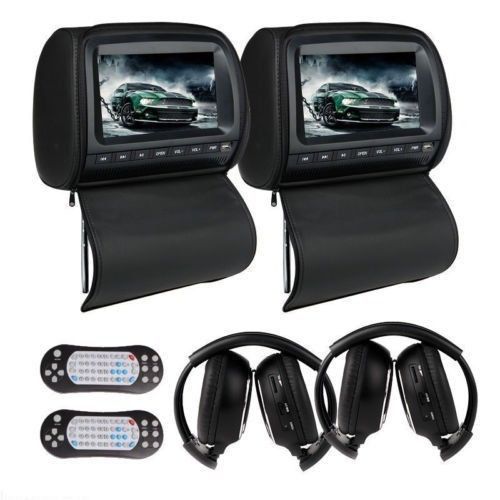 Pair 9&#034; inch hd lcd in car seat pillow headrest dvd player, twin ir headphones