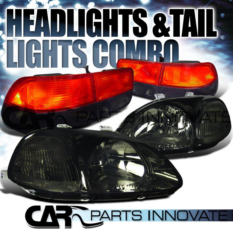 96-98 honda civic 2dr diamond smoke headlights+red smoke tail brake lamps