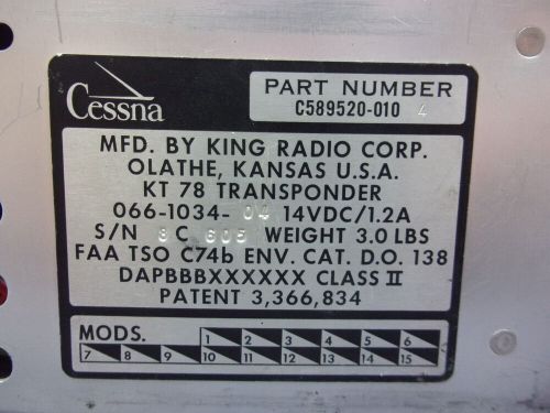 Cessna 300 king kt78 transponder p/n c589520-010 066-1034-04