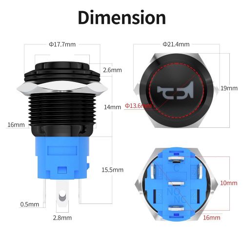 Daiertek horn button 12v marine 16mm momentary push blue