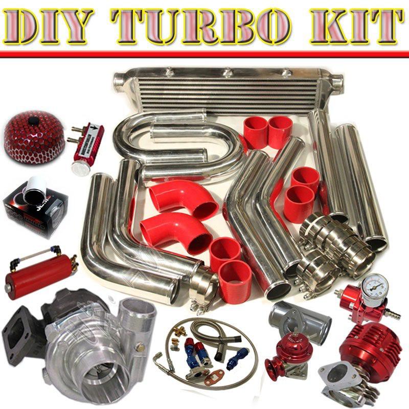 T3/t4 turbo+28" intercooler+u-pipe piping kit+bov type-rs+oil line+ gauge c/red