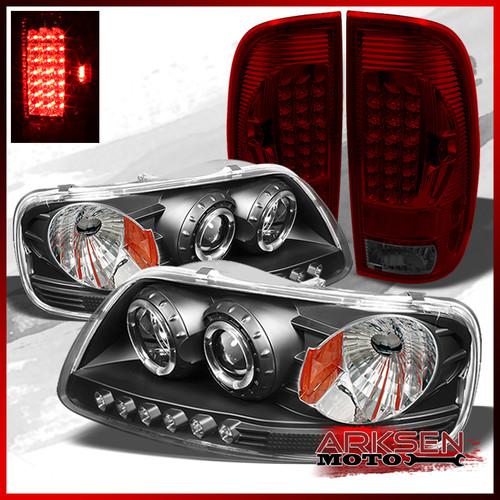 97-03 f150 black 1pc halo projector led headlights+red smoked led tail lights