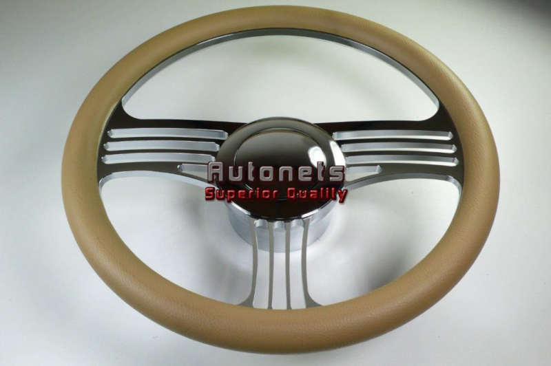 Beige leather slash camaro nova rod chrome aluminum steering wheel horn adapter