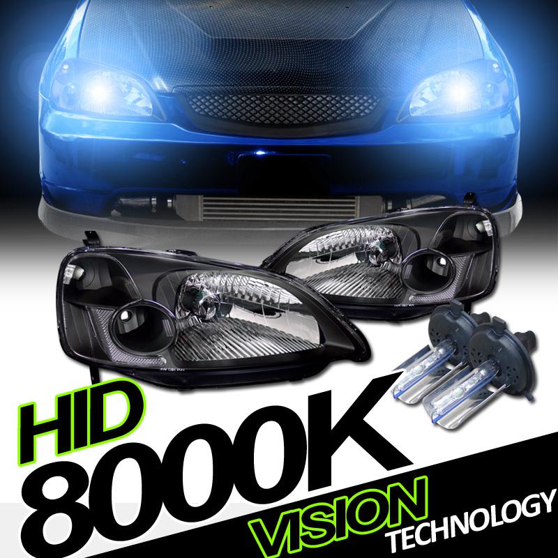 01-03 civic 2d/4d jdm black housing headlights headlamps pair+h4 8000k xenon hid