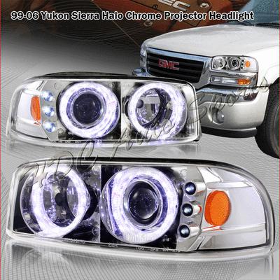 2000-2006 gmc yukon sierra 1500 2500 chrome housing halo led projector headlight