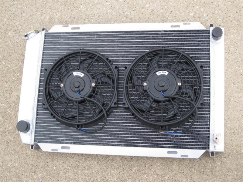 Aluminum 3-row core radiator w cap w 2 x 10" black cooling fans 79-93 mustang