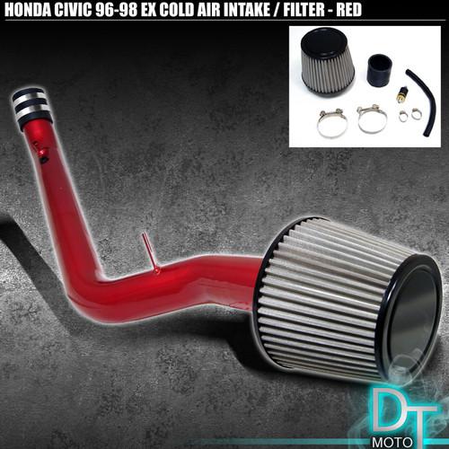 Stainless washable cone filter + cold air intake 96-98 civic ex/hx red aluminum