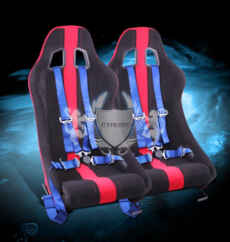 2x universal black/red stripe racing seats +4-pt blue camlock harness belt new