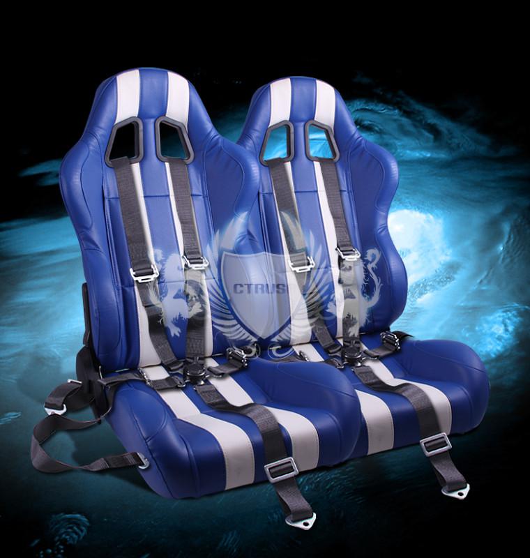 2x blue/white stripe vinyl leather racing bucket seats+5-pt belt camlock strap