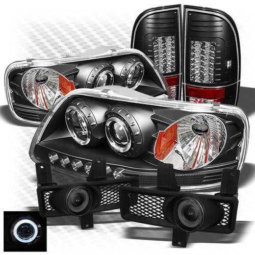 97-98 f150, f250ld blk 1pc headlights + led tail lights + projector fog lights