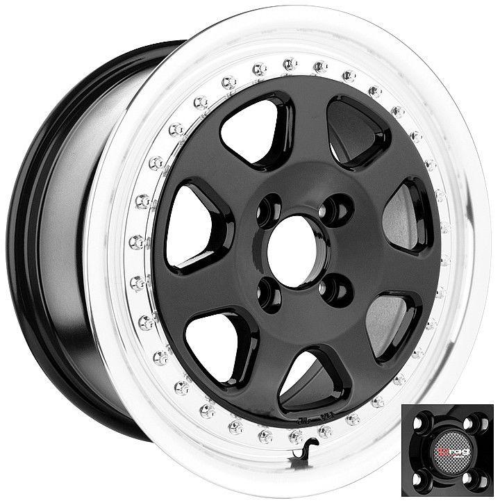 15 x7 4x100 40mm drag 4 lug dr27 black wheels rim w/cap