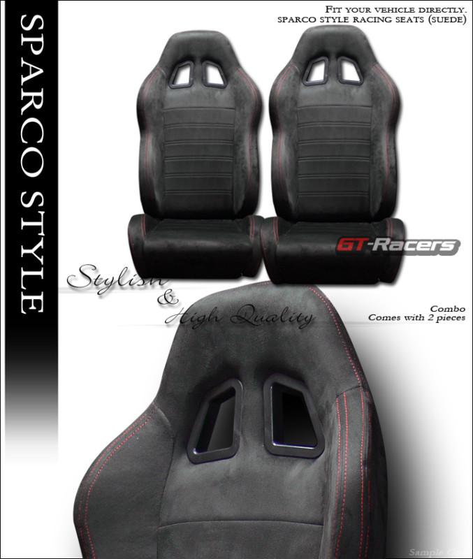 Sp sport style black suede red stitch car racing bucket seats w/sliders l+r ford