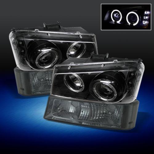 03-06 silverado halo projector led black headlights+smoked bumper signal lights