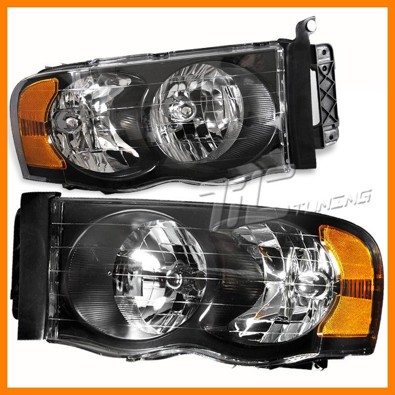 03-05 ram 2500 r3500 black/chrome head light amber reflector euro clear len pair