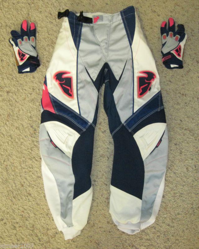 Girls size 22 thor mx phase motorcycle atv off-road pants gloves pink blue nice