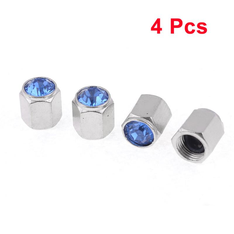 4pcs 8mm inner dia plastic rhinestone detail tire valve cap cover blue for car