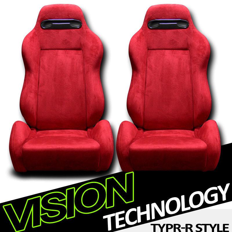 2x universal t-r type red simulated suede car racing seats+sliders vw/porsche