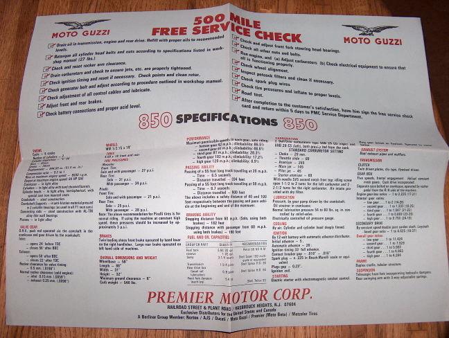 Moto guzzi specification poster, nos 850 eldorado