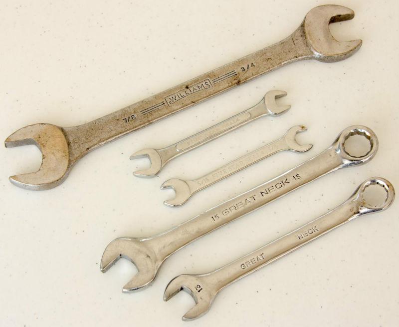 Vintage lot of 5 used wrenches--williams, great neck, & five star seal