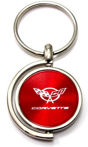 Red chevy corvette c5 logo brushed metal round spinner chrome key chain ring