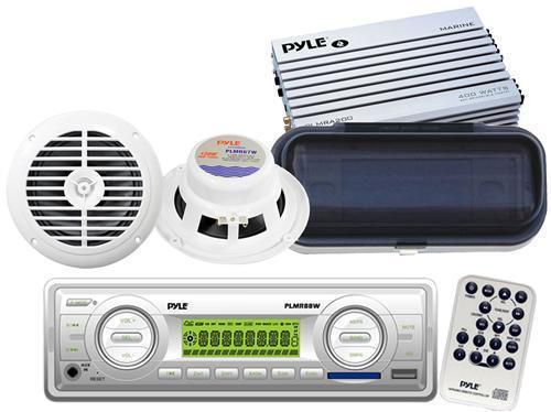 Brand new marine boat aux usb player radio 2 speakers + 200 watt amp &amp; cover pkg