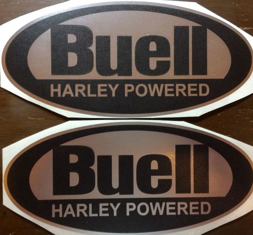 Buell oval decals. 8 inch. matte black and chrome. set of two.