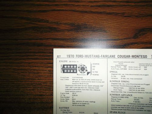 1970 mercury, cougar, ford, fairlane &amp; mustang 351 w v8 2bbl sun tune up chart